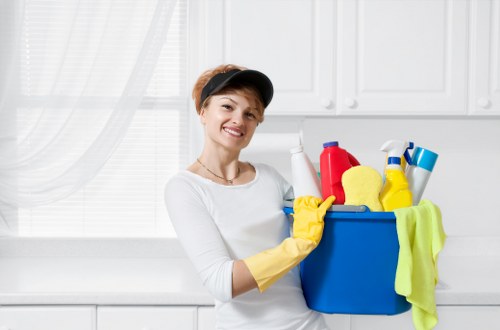Sustainable carpet cleaning team planning recycling and waste reduction