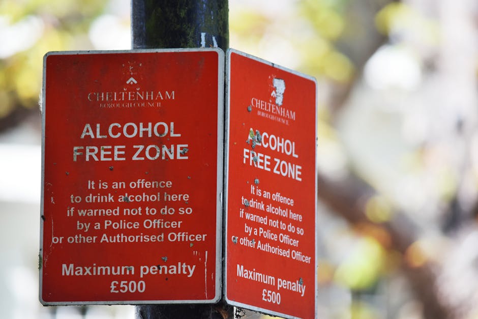 A close-up photograph of two red metal signs mounted on a black pole, indicating 'Alcohol Free Zone' in Cheltenham. The signs display white text that states drinking alcohol in this area is an offence